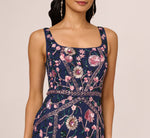 Sleeveless Square Neck Floral Beaded Godet Gown In Navy Pink Multi 4