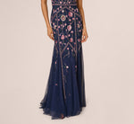 Sleeveless Square Neck Floral Beaded Godet Gown In Navy Pink Multi 5