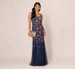 Sleeveless Square Neck Floral Beaded Godet Gown In Navy Pink Multi 2