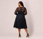 Plus Size Long Sleeve Illusion Floral Beaded Midi Dress In Midnight 5