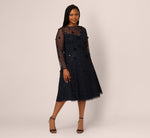 Plus Size Long Sleeve Illusion Floral Beaded Midi Dress In Midnight 2