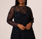 Plus Size Long Sleeve Illusion Floral Beaded Midi Dress In Midnight 3