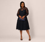 Plus Size Long Sleeve Illusion Floral Beaded Midi Dress In Midnight 1