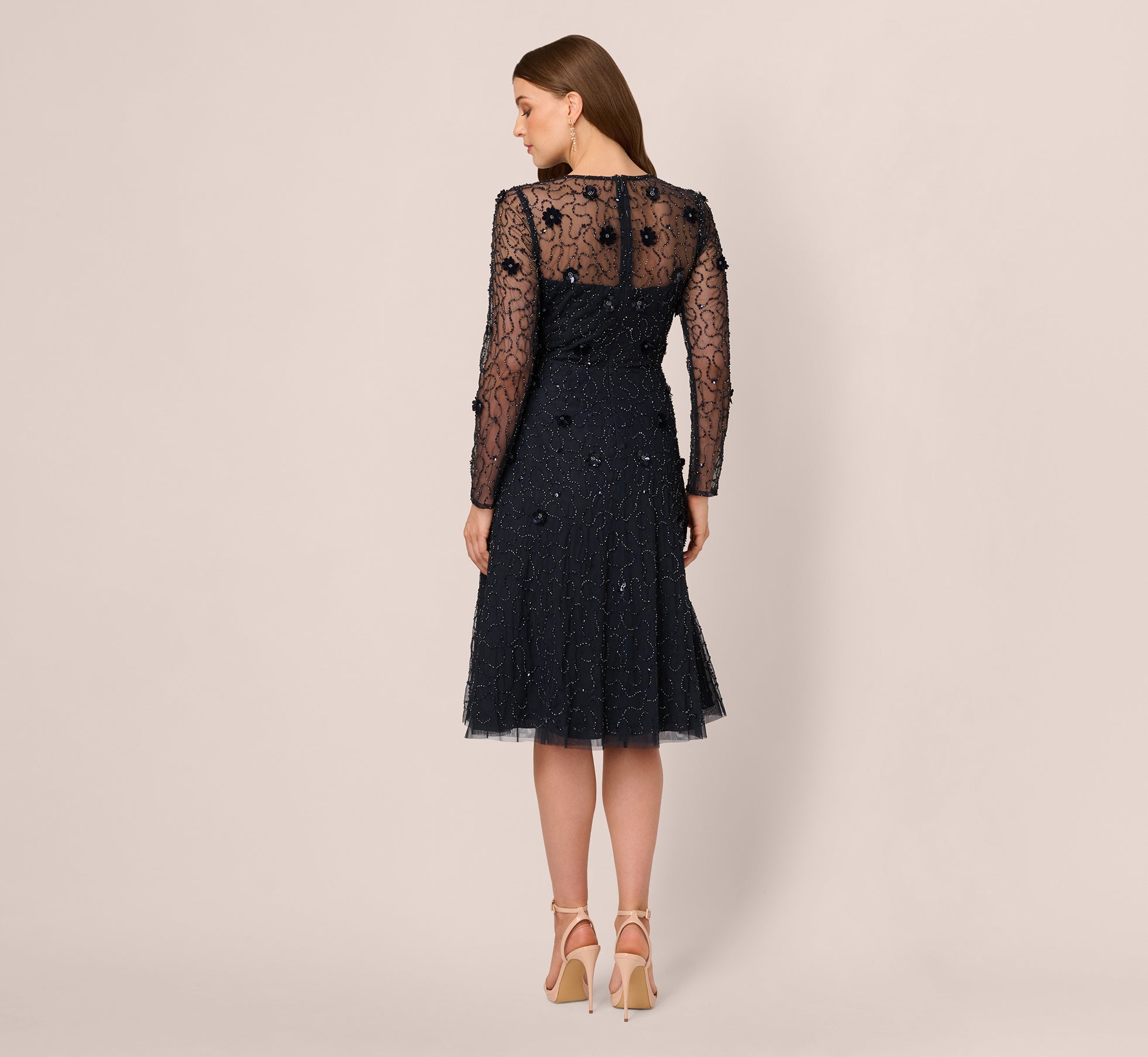 Long Sleeve Illusion Floral Beaded Midi Dress In Midnight-Midnight / Regular / 0