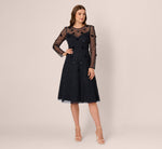 Long Sleeve Illusion Floral Beaded Midi Dress In Midnight 3