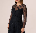 Long Sleeve Illusion Floral Beaded Midi Dress In Midnight 4
