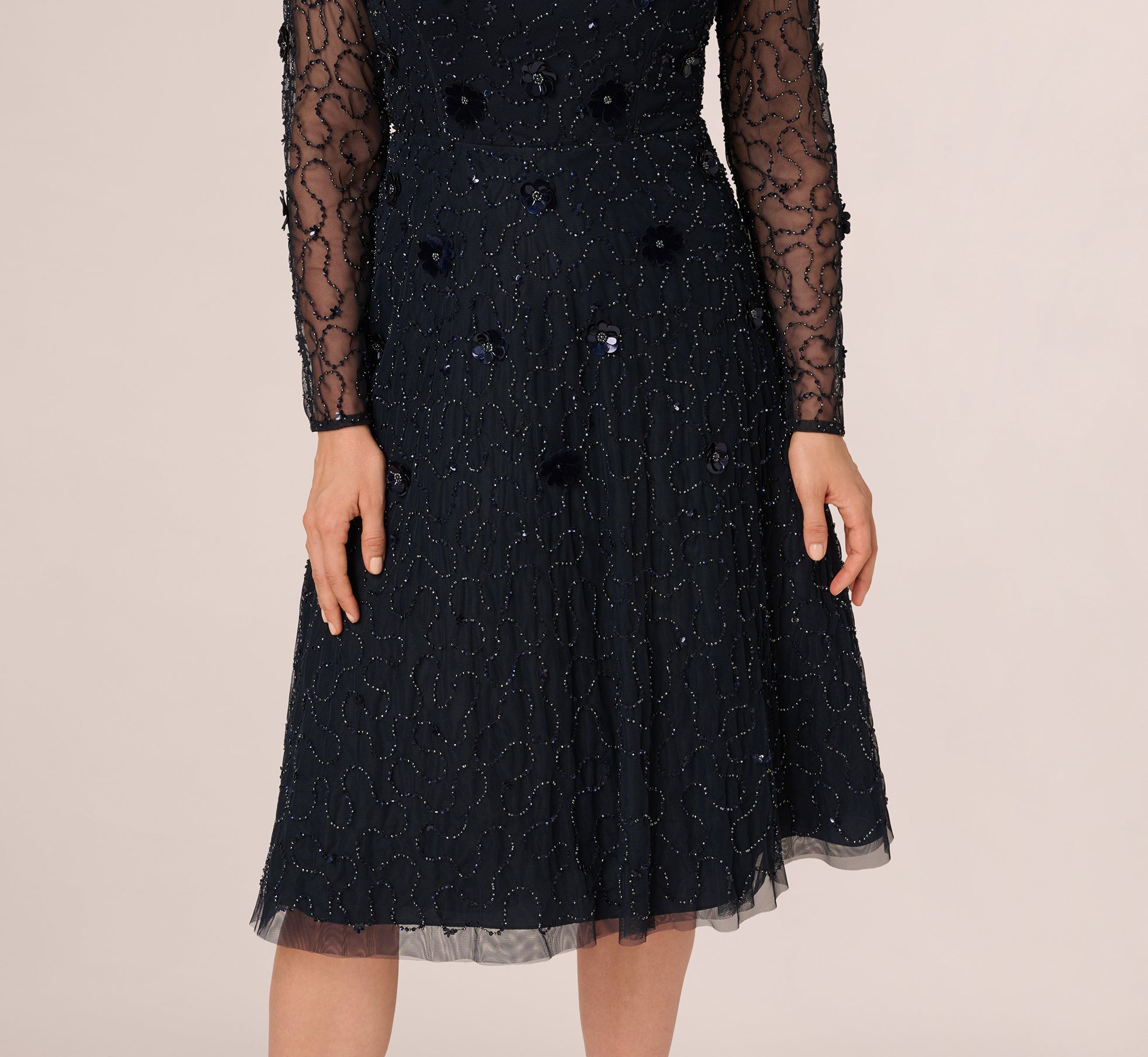 adrianna papell crepe illusion midi dress Navy Long Sleeve Illusion Floral Beaded Midi Dress