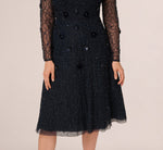 Long Sleeve Illusion Floral Beaded Midi Dress In Midnight 5