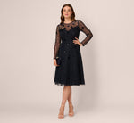 Long Sleeve Illusion Floral Beaded Midi Dress In Midnight 2