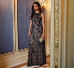 Sleeveless Sequin Floral Lace Gown In Midnight Multi Nude 1