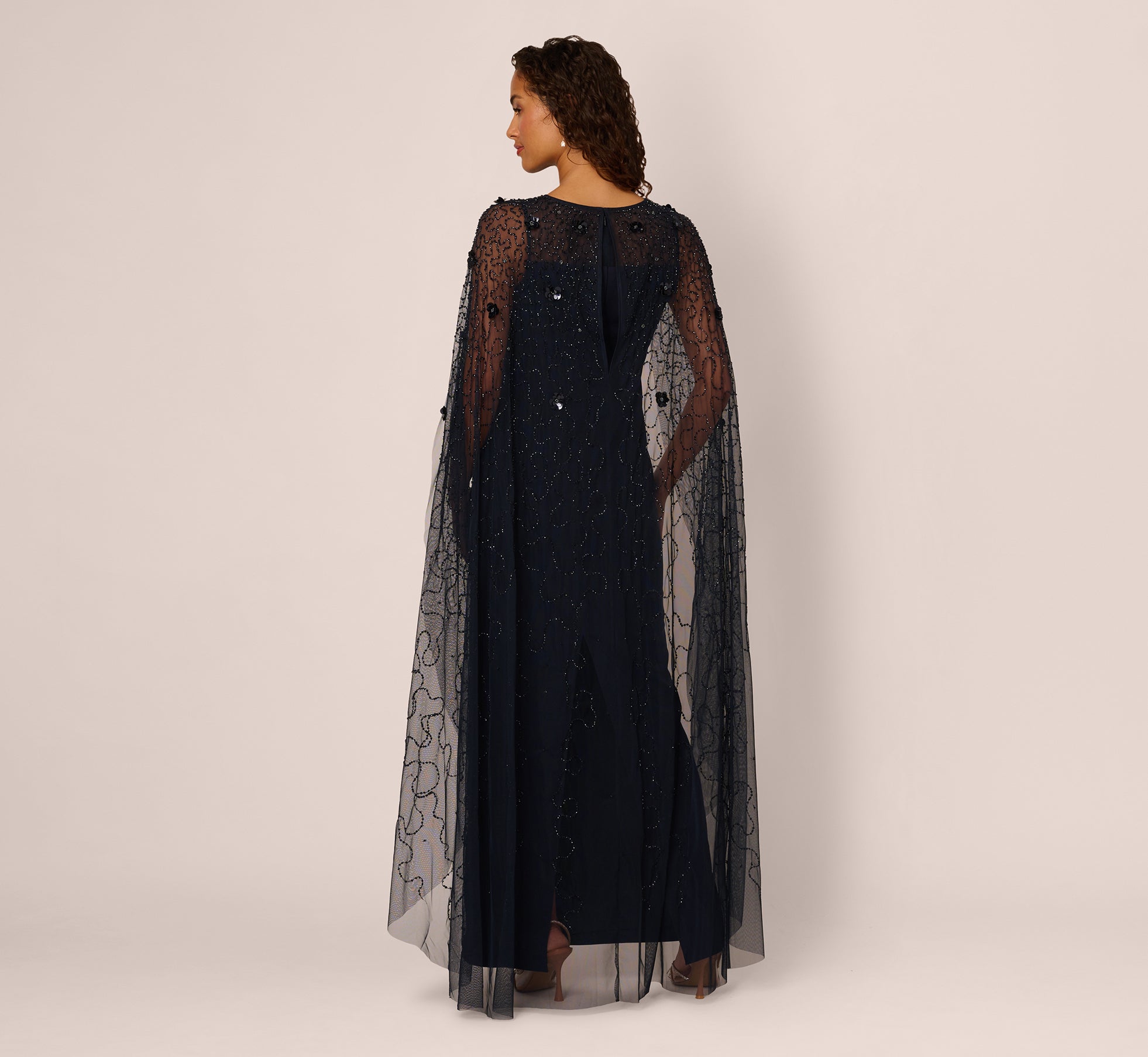 Floral Beaded Cape Gown in Midnight Floral Beaded Cape Gown in Midnight
