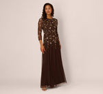 Three Quarter Sleeve Floral Sequin Beaded Gown In Chocolate 2