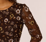 Three Quarter Sleeve Floral Sequin Beaded Gown In Chocolate 3