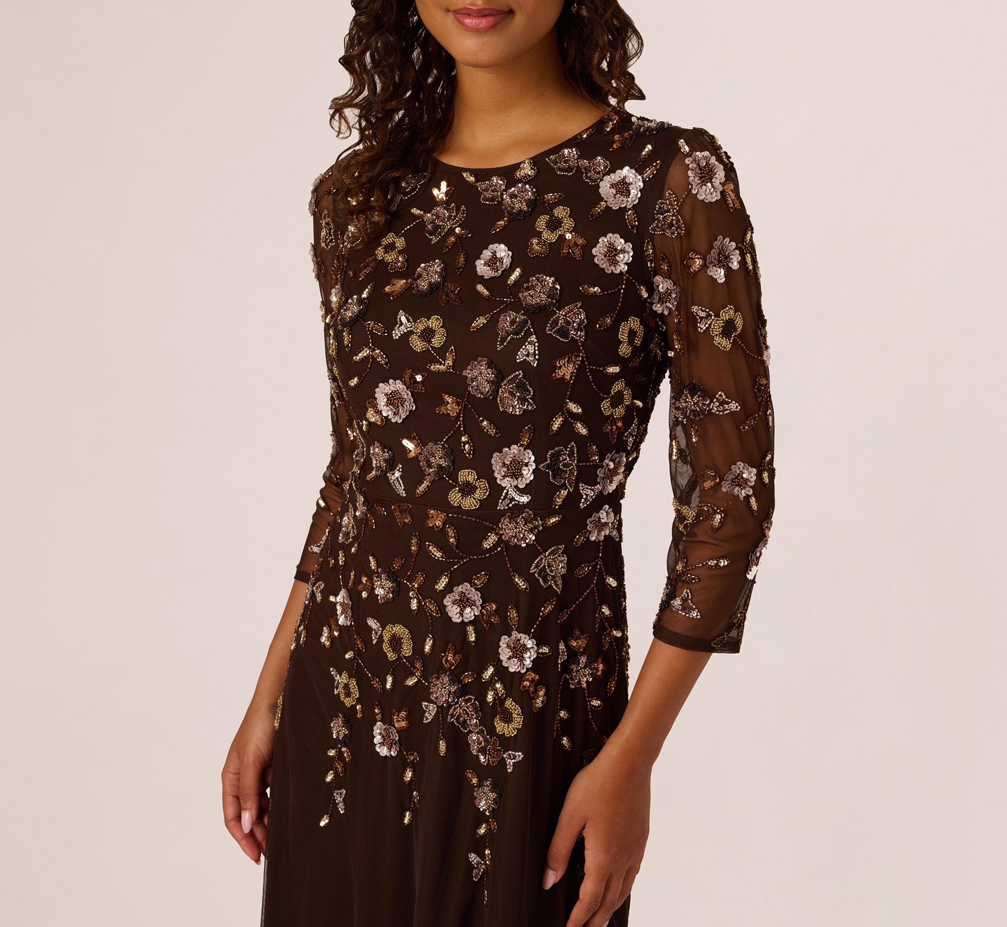 Brown Three Quarter Sleeve Floral Sequin Beaded Gown - Adrianna Papell