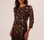 Three Quarter Sleeve Floral Sequin Beaded Gown In Chocolate 4
