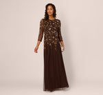 Three Quarter Sleeve Floral Sequin Beaded Gown In Chocolate 1