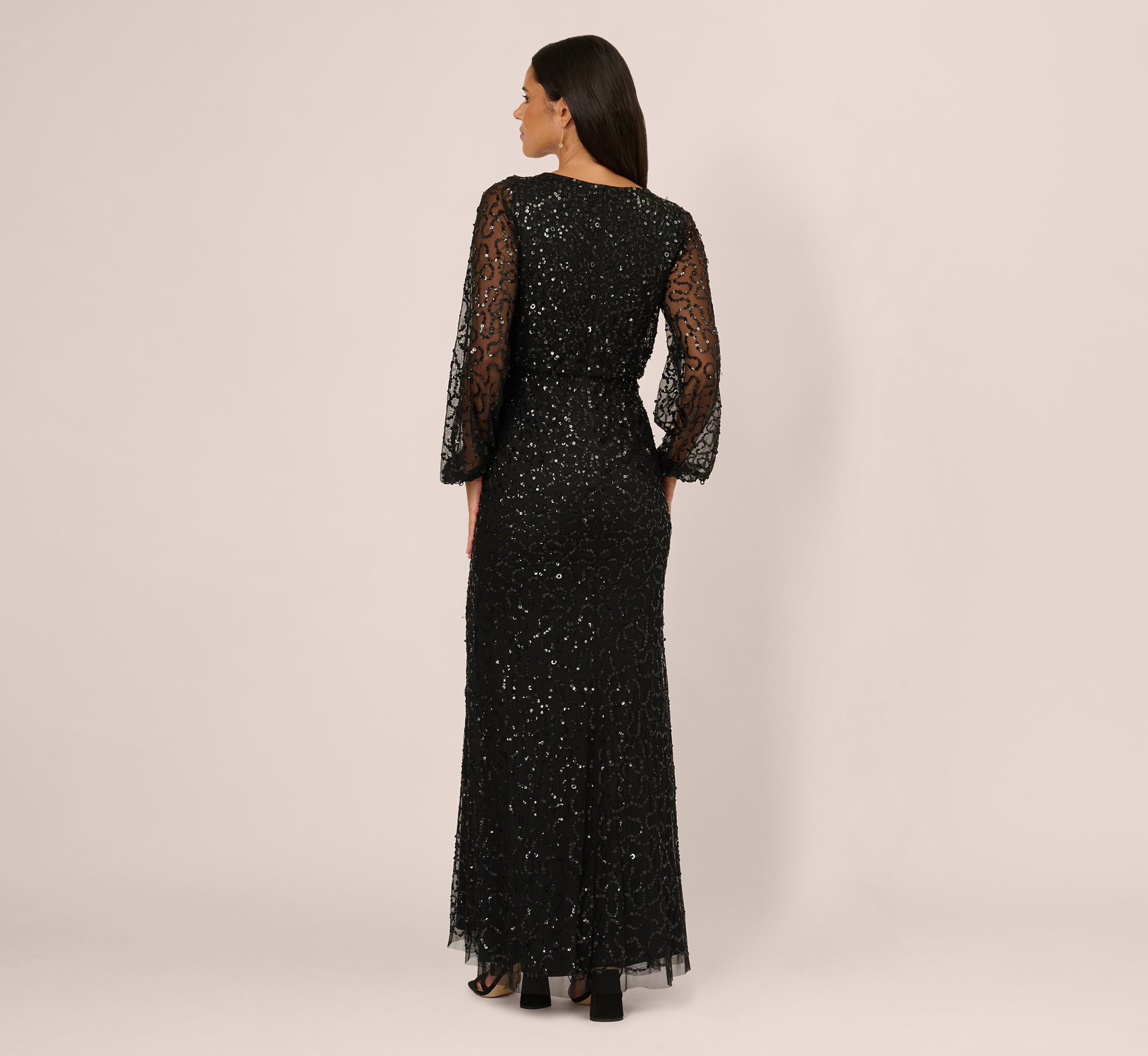 adrianna papell black sequin dress Adrianna Papell Sleeveless Sequin Floral Lace Gown