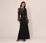 Bishop Sleeve Floral Sequin Bead Gown In Black Multi 2