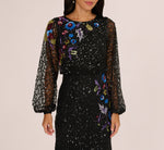 Bishop Sleeve Floral Sequin Bead Gown In Black Multi 3