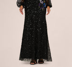 Bishop Sleeve Floral Sequin Bead Gown In Black Multi 4