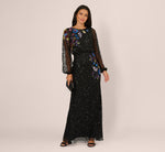 Bishop Sleeve Floral Sequin Bead Gown In Black Multi 1