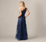 One Shoulder Floral Embroidered Gown In Navy Sateen 5