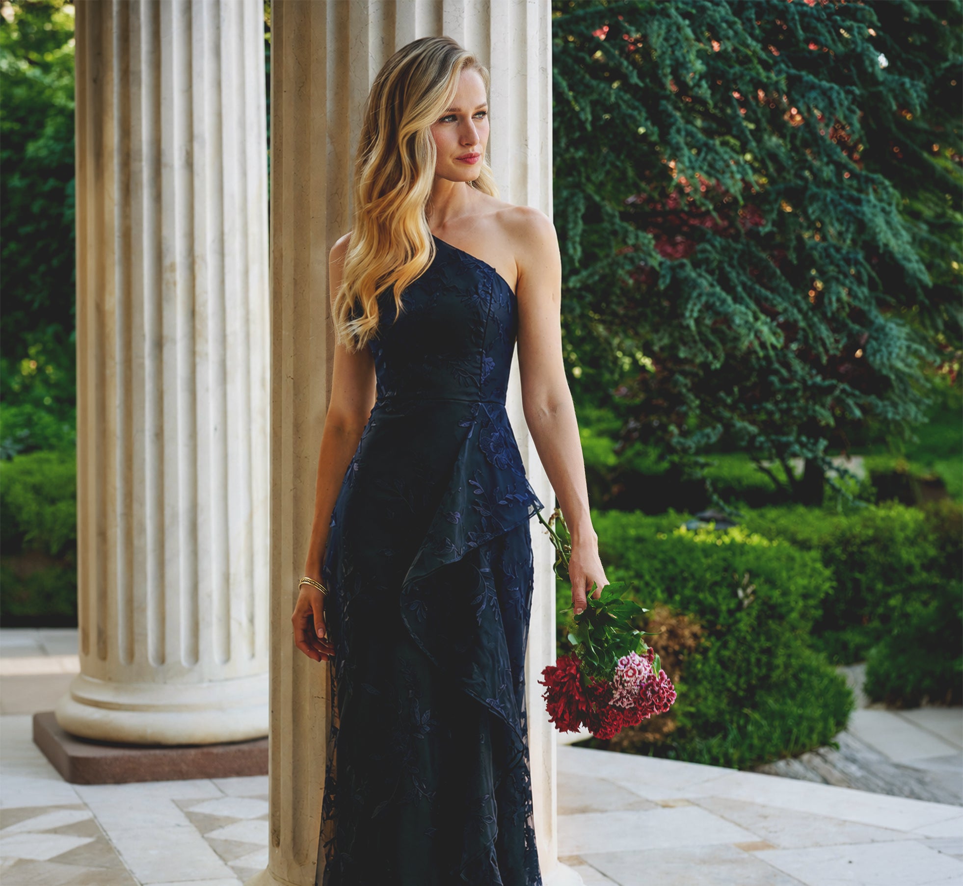 One Shoulder Floral Embroidered Gown In Navy Sateen 1
