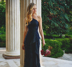 One Shoulder Floral Embroidered Gown In Navy Sateen 1