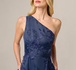 One Shoulder Floral Embroidered Gown In Navy Sateen 3
