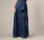 One Shoulder Floral Embroidered Gown In Navy Sateen 4
