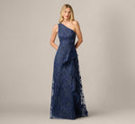 One Shoulder Floral Embroidered Gown In Navy Sateen 1