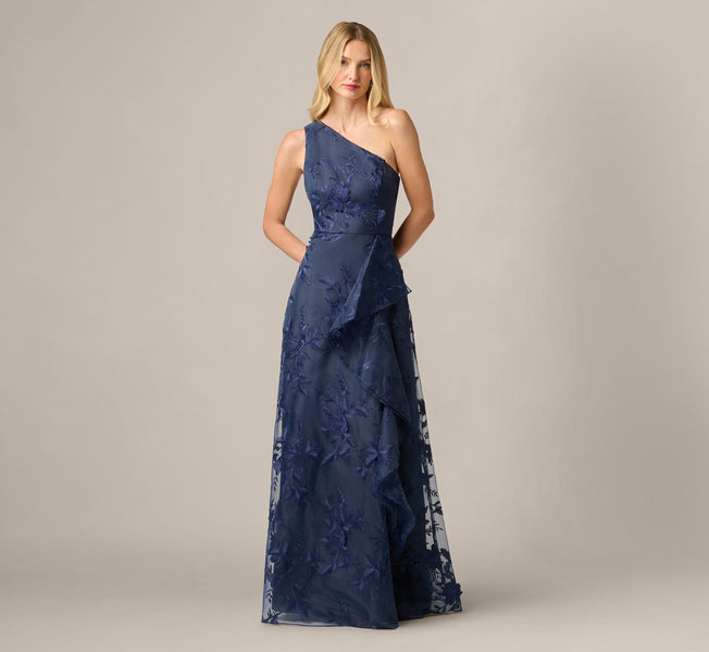 Navy One Shoulder Floral Embroidered Gown - Adrianna Papell
