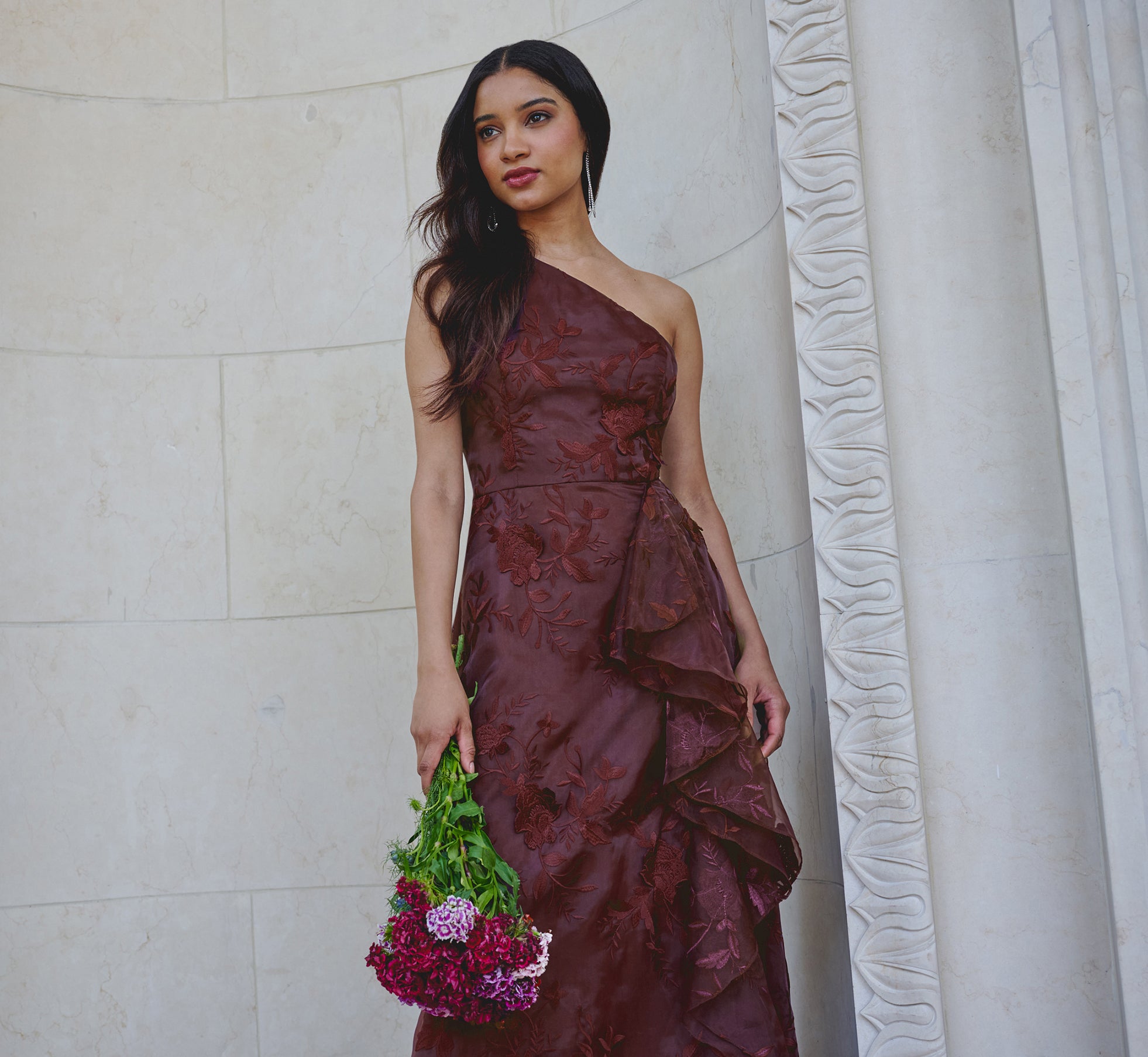 Petite One Shoulder Floral Embroidered Gown In Raisin 1