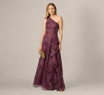 Petite One Shoulder Floral Embroidered Gown In Raisin 2