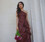 One Shoulder Floral Embroidered Gown In Raisin 1