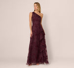 One Shoulder Floral Embroidered Gown In Raisin 3