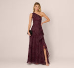One Shoulder Floral Embroidered Gown In Raisin 2