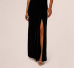 Off Shoulder Sequin Velvet Combo Gown In Black Multi 3