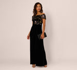 Off Shoulder Sequin Velvet Combo Gown In Black Multi 1