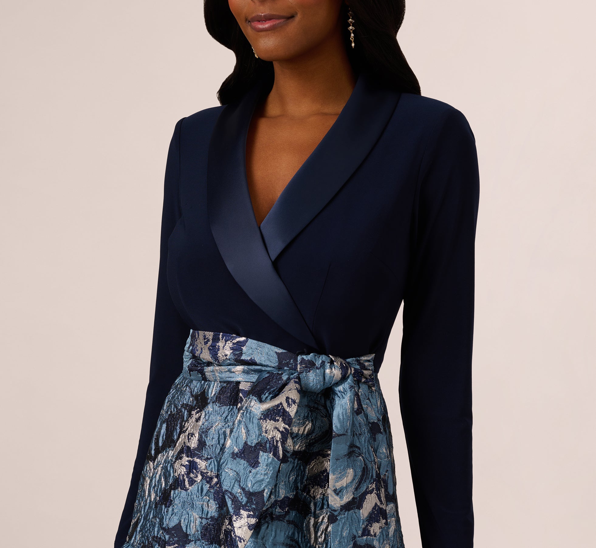 Navy Long Sleeve Tuxedo Jacquard Combo Gown - Adrianna Papell Navy Long Sleeve Tuxedo Jacquard Combo Gown - Adrianna Papell