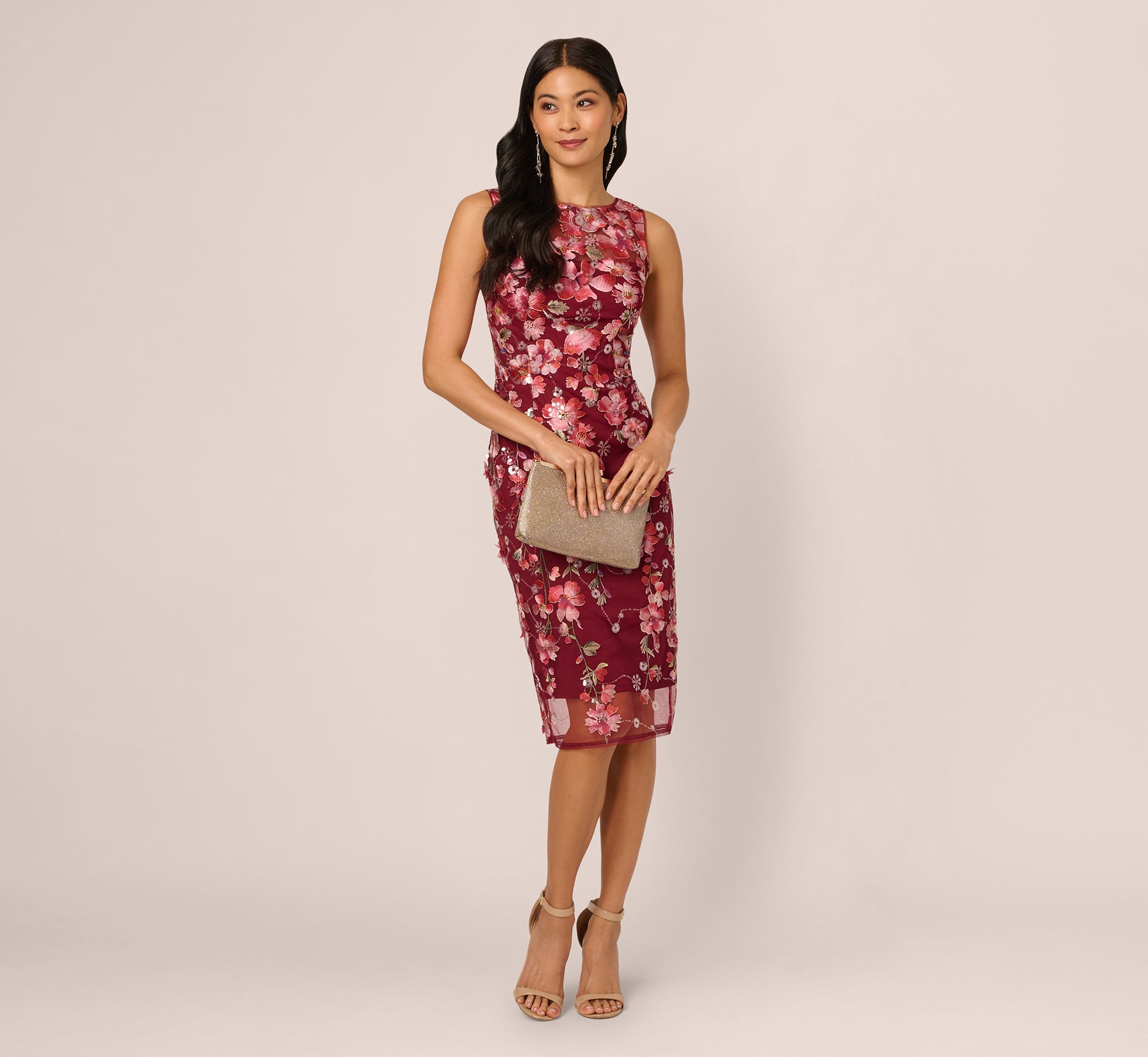 Floral Sequin Embroidery Midi Sheath Dress In Plum Multi - Adrianna Papell Floral Sequin Embroidery Midi Sheath Dress In Plum Multi - Adrianna Papell