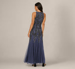 Sleeveless Floral Beaded Godet Gown In Smoky Peri 5