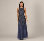 Sleeveless Floral Beaded Godet Gown In Smoky Peri 2