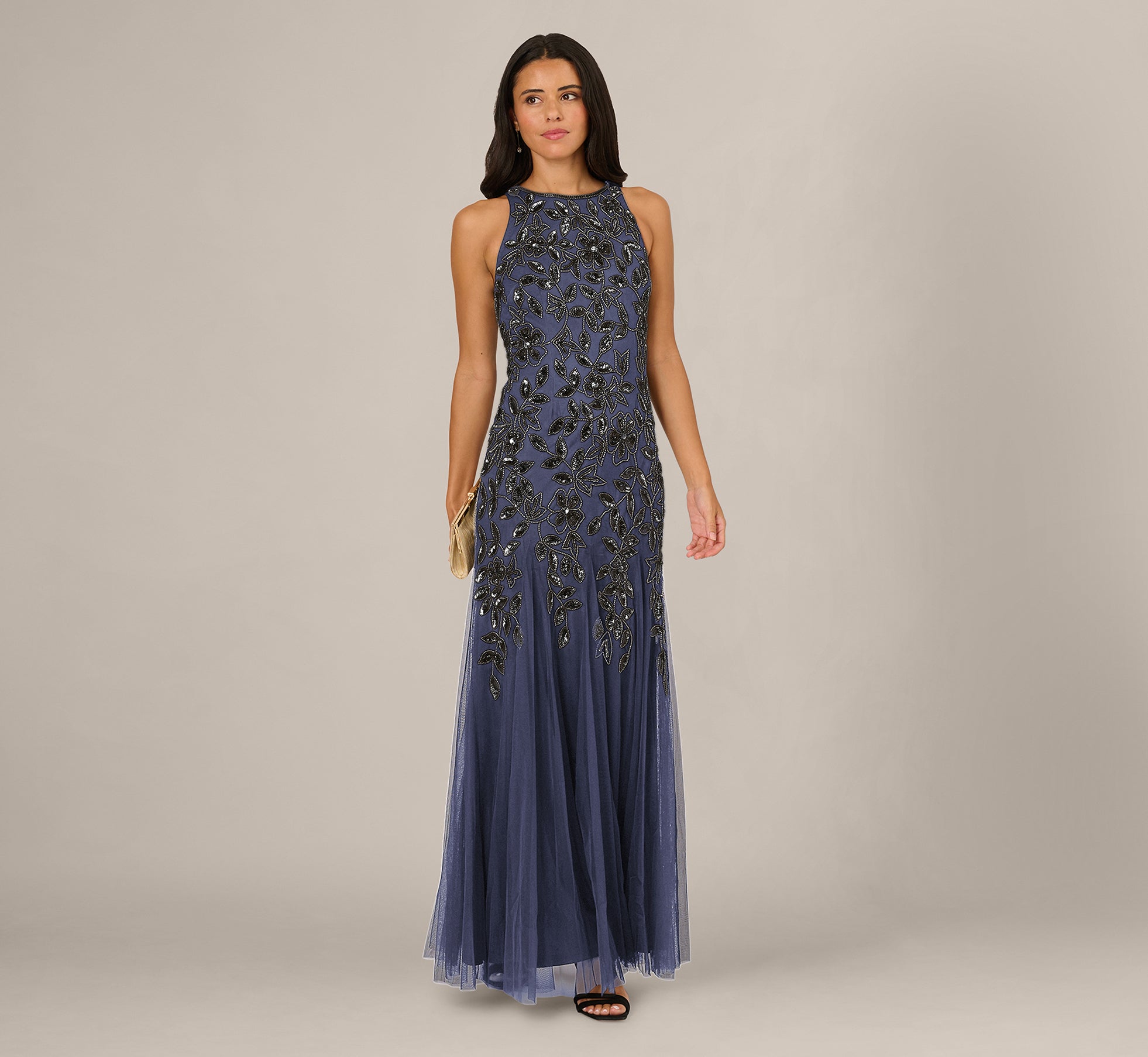 Sleeveless Floral Beaded Godet Gown In Smoky Peri 1