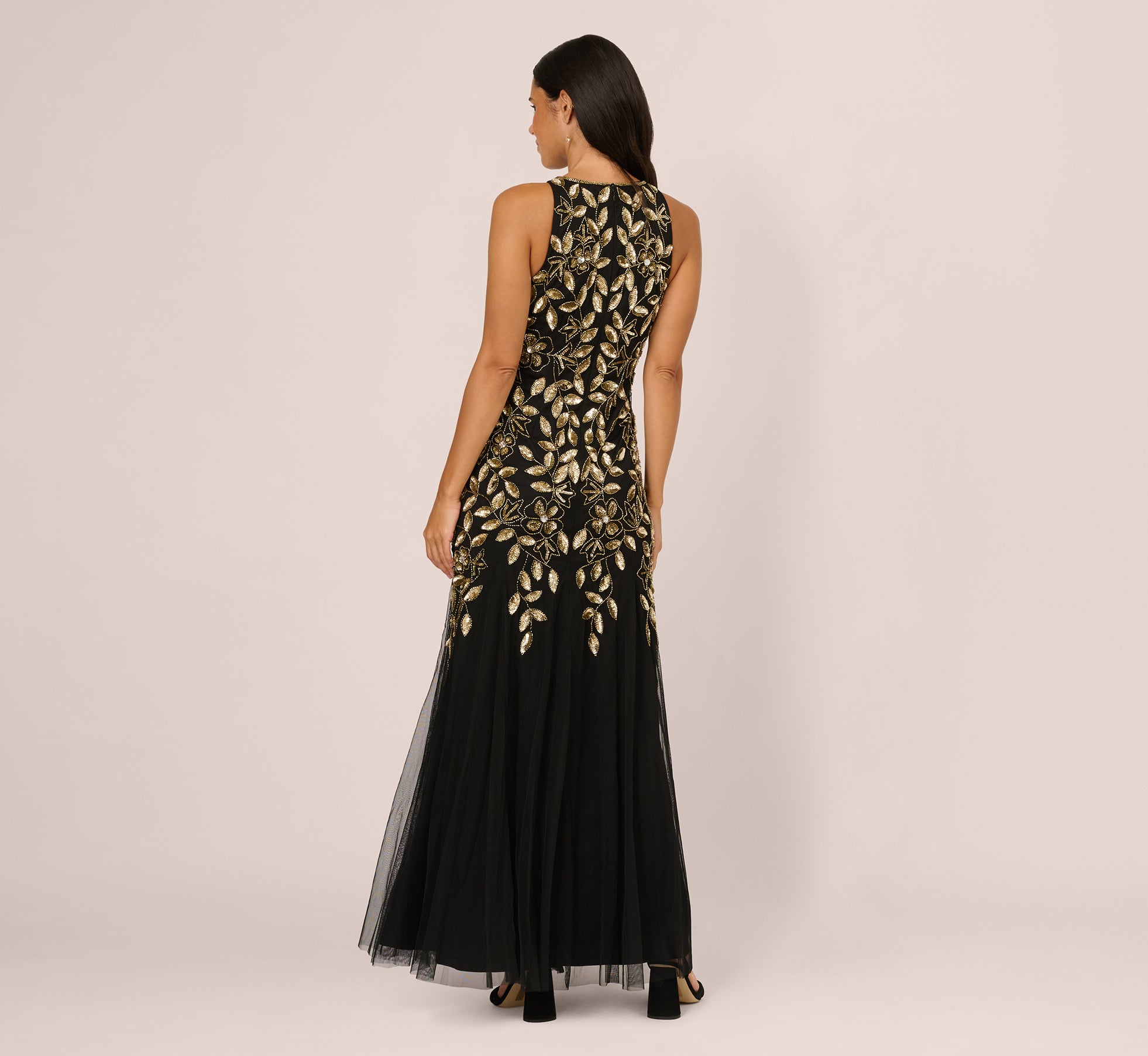 Adrianna Papell Sleeveless Floral Beaded Godet Gown - Black/Gold Adrianna Papell Sleeveless Floral Beaded Godet Gown - Black/Gold