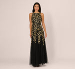 Sleeveless Floral Beaded Godet Gown In Black Gold 2