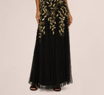 Sleeveless Floral Beaded Godet Gown In Black Gold 4