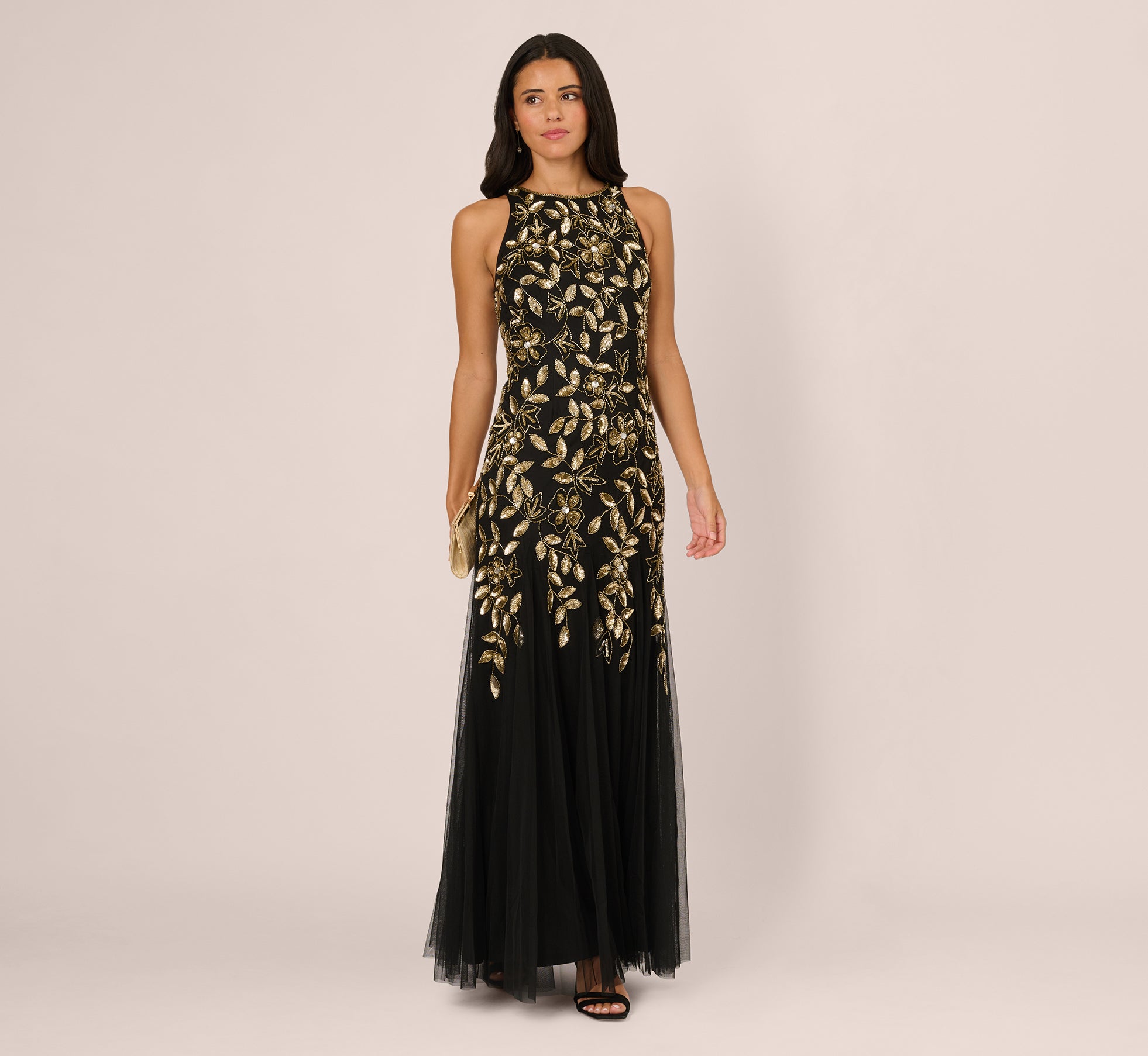 Sleeveless Floral Beaded Godet Gown In Black Gold 1