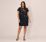 Plus Size Short Sleeve Floral Sequin Shift Dress In Midnight Rosegold 7