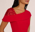 Sequin Shoulder Crepe Midi Sheath Dress In Red 3